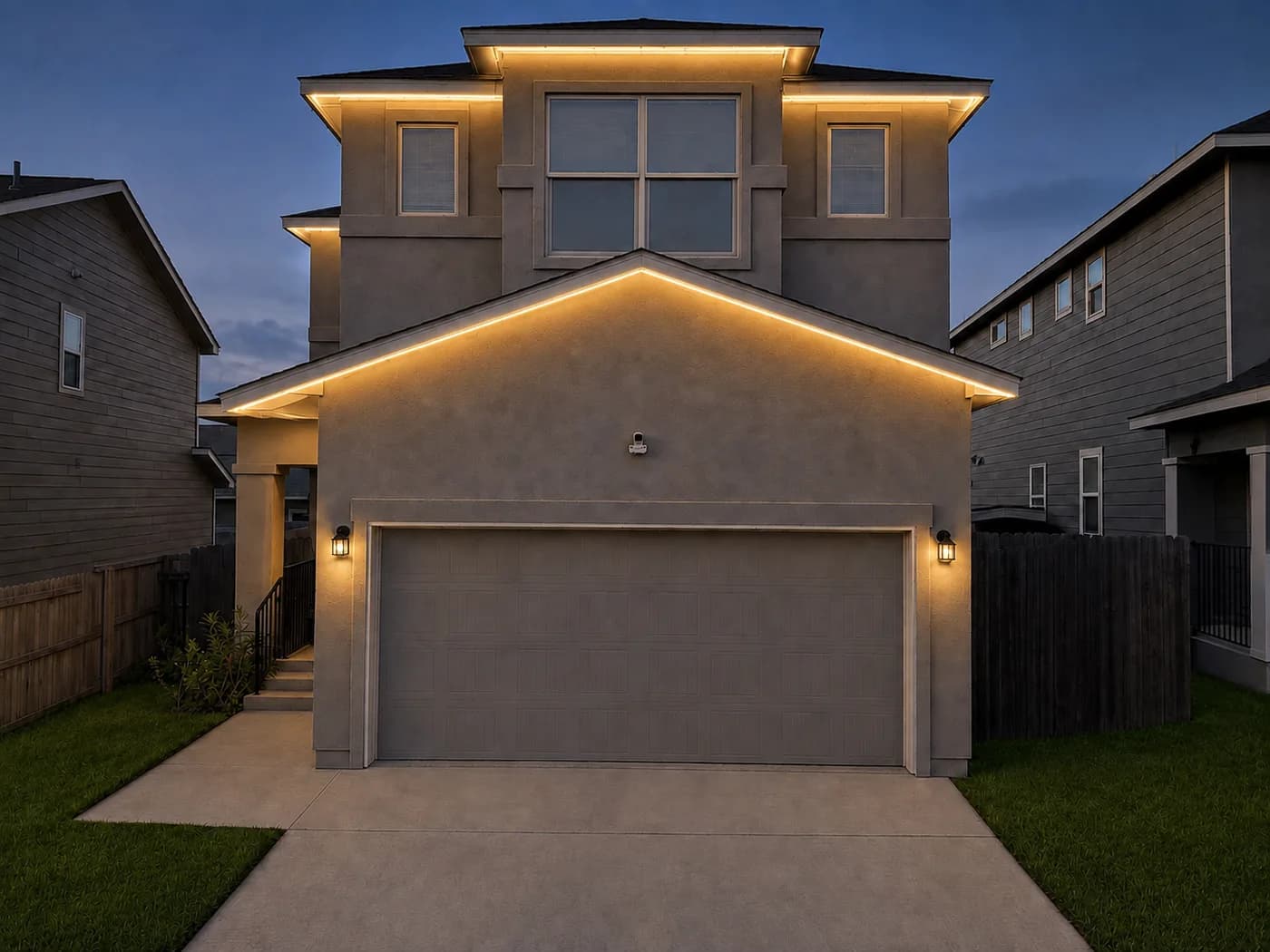 Home with permanent roofline lighting set to Warm White