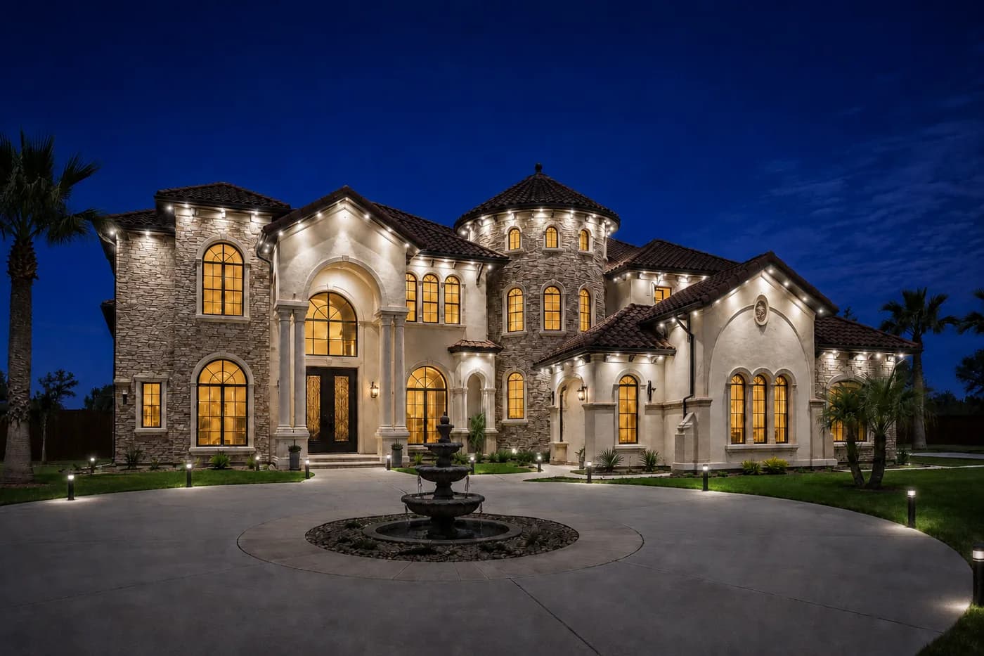 Estate home with roofline lighting and lights around the circular drive