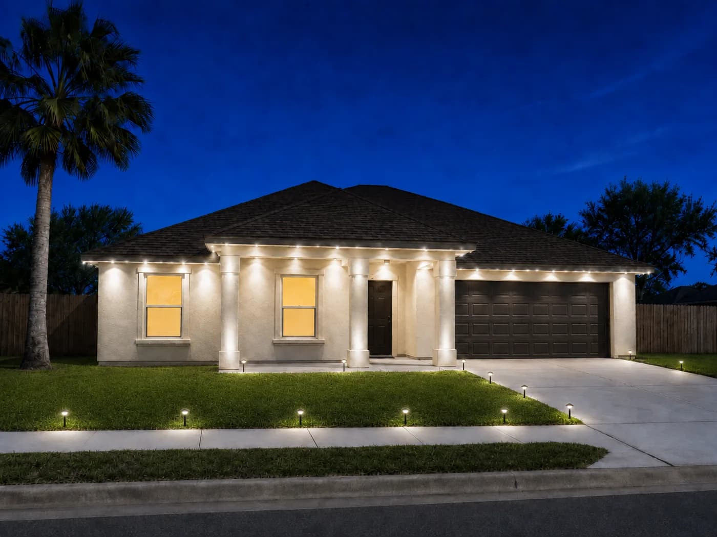 Single-story ranch home with roofline lighting and path lights