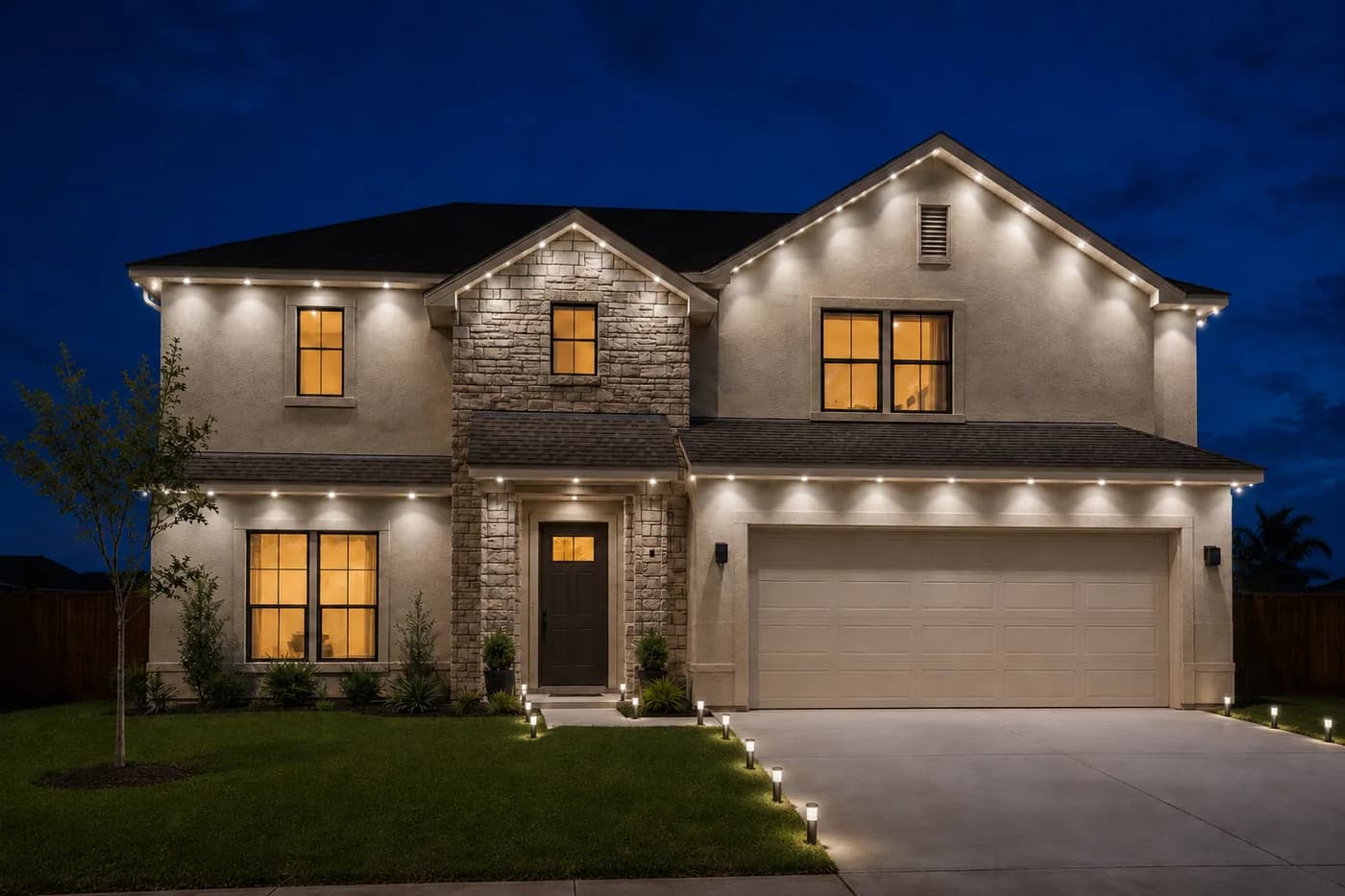 Two-story home with roofline lighting and walkway lights